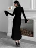 Abito maxi patchwork in maglia allentata elegante casual a vita alta a maniche lunghe in maglia nera sottile da donna