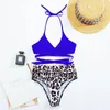 Maillots de bain pour femmes 2 pièces liste fendue imprimé léopard couleur unie croix dentelle taille haute bikini style occidental