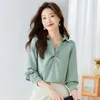 Women's Blouses Spring Autumn Satin Silk Long Sleeved Shirts Korean Fashion V-neck Folded OL Business Work Shirt Female Tops