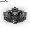 VECALON New Female Black Birthstone Claddagh Ring 5A Zircon CZ BLACK GOLD BLAY PISTOND BASTE BANDERS BRIDAL TELS FOR WAMIN268H