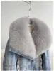 Женская джинсовая пуховая куртка из искусственного меха в европейском стиле с большим воротником из лисы, короткая повседневная теплая женская парка белого гуся 231031