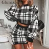 Gebreide geruite tweedelige pak sexy jurk Dames herfst elegante mini korte jurk Winter cropped trui met lange mouwen281v