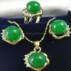 10mm Green Jades Earrings Ring & Necklace Pendant Set plated watch whole Quartz stone CZ crystal290G