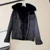 女性の毛皮のフェイク女性冬の服ビンテージコットン濃いデニムコートジャケット特大のゆるい襟とベルベットジャンパーカー231030