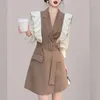 Casual Dresses Zeeromer 2023 Autumn Korean Fashion Patchwork Office Blazer Dress Women Passar Collar Double Breasted Belt Ruffle Mini Party