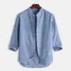 Men's T-Shirts Casual Stand Summer Top Sleeve Button Shirt 7 Cotton Striped Points Collar Blouse Mens254N