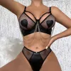 Venda quente nova roupa interior sexy sexy imitação de couro lingerie biquíni malha oca corrente roupa interior dois conjuntos