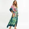 2021 Zielone bohemijskie drukowane nietoperze rękawa wysoka talia letnia sukienka plażowa bawełniana tunikowa kaftan kaftan maxi sukienki Q1087 F0122243v