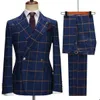 Navy Checked Wedding Tuxedos Slim Fit Mens Suits 2 Pieces Sets Peaked Lapel Blazers Double Breasted Formal Suit With Jacket And Pants