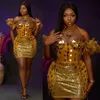 Plus la taille arabe Aso Ebi or robes de cocktail de luxe cristaux perlés plume soirée formelle fête deuxième réception robes d'or robe vêtements africains