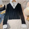 Женские свитера, лоскутная рубашка, вязаный свитер, искусственный пуловер из двух предметов, топы, модная повседневная блузка на пуговицах с длинным рукавом