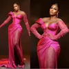 Grande taille une épaule robes de soirée fuchsia manches longues col en v profond côté fendu tulle perlé strass africain Nigeria femmes robe de bal deuxième robes de réception