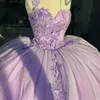 Wunderschönes lila Prinzessin-Ballkleid-Quinceanera-Kleider mit einer Schulter, 3D-Blumen, Spitze, Perlen, formelle Anlässe, Abschlussballkleider, Korsett-Rücken, süßes 15-16-Geburtstagskleid CL2857