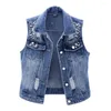 Women's Vests Women Waistcoat Ladies Vest Vintage Denim Loose Fit Bead Decor Single-breasted Hop Streetwear For Fall/spring