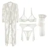 Nachthemd mit Blumenspitze, 5-teiliges Pyjama-Set, Dessous und Tanga-Höschen-Set für Damen, sexy Unterwäsche, transparent