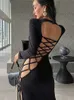 Bandage klänning kvinnor höst långärmad o nacke sexig delad maxi klänningar svarta eleganta damer snörning bodycon vestidos