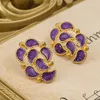 Dangle Earrings French Vintage Enamel Purple Iris Autumn Plant Court Flower Romance Ear Jewelry