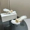 Shearling veludo flor sandálias de salto de inverno mulas dedo aberto saltos stiletto slides bombas de marca deslizamento em sapatos de festa de noite femininos designers de luxo calçados de fábrica