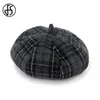 Berets FS Vintage Winter Plaid Beret Hats for Women Wool Blend Octagonal Caps Autumn Fashion Casual Artist Cap Black Gray Red Khaki 231031