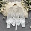 Damesblouses Chique Zoete Lint Geplooide Lange Mouw V-hals Blouse Slanke Chiffon Elegante Koreaanse Mode Top Sexy Damesshirt