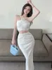 Work Dresses Elegant Sexy Club Summer Fold Two Piece Set For Women Casual Fashion Tank Crop Top & High Waist Bodycon Long Skirt White Suit