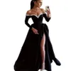 Sexy Black High Slit Prom Dress With Pearls Beaded Off Shoulders Long Sleeve A Line Evening Gown 2024 Formal Dance Party Birthday Special Occasion Event Vestio Gala