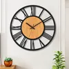 Wall Clocks 3D Large Nordic Roman Numerals Retro Round Wood Metal Iron Accurate Silent Hanging Ornament Living Room Decoration 231030