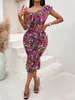 Work Dresses Street Spice Girl Dress Set Summer Printed Exotic Sense Ruffled Shoulder T-Shirt & Tight Pleated Fishtail Skirt