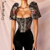 Cryptographique Col Carré Jacquard Désossé Bustier Crop Tops Chemise Manches Bouffantes Sexy Dos Nu Chemises Blouse Femmes Fermeture Éclair Élégant 20252d