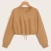 Женские толстовки, осенне-зимний модный эластичный короткий пуловер с завязками по краю, однотонный повседневный свитер с круглым вырезом
