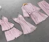 Autumn Satin Pajamas Set for Women Elegant 5pcs Sleepwear Kobieta seksowna bielizna koronkowa Top Silk Suits6067726