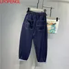 Damen-Jeans, hohe Taille, dunkelblauer Denim, gerade Vintage, knöchellange Hose, Herbst, lose gewaschen und abgenutzt, Streetwear-Harem
