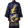 Traditionell broderi drake kimono yukata badklänning marinblå kinesiska män silk satin mantel casual man hem slitage nattklänning221n