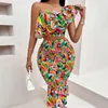 Work Dresses Street Spice Girl Dress Set Summer Printed Exotic Sense Ruffled Shoulder T-Shirt & Tight Pleated Fishtail Skirt