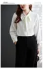 Kvinnors blusar veckade kvinnor skjorta långärmad fluga slips hals pärlknappar kontor lady eleganta kvinnliga modekläder