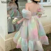 Sukienki swobodne Summer Sweet Rainbow Princess Sukienka Koreańska elegancka kwadratowa kołnierz rękawa midi żeńska elegancka gaza gazy 293J