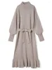 Robes décontractées Japonais Doux Petit Col Haut Avec Ceinture Robes 2023 Automne Coréen Chic Simple Taille Mince Femme Longue Robe Tricotée