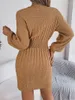 Casual Dresses Loose Tvists Knit Sweater Dress Autumn Winter Women 2023 Hollow Out V-Neck Full Lantern Sleeve Hip Mini