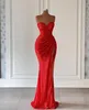 Robes de soirée sexy sirène rouge corsage os paillettes chérie plis robe de bal balayage train plis fendus robe longue pour occasion spéciale