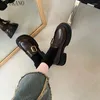 Dress Shoes Round Toe British Style Brown Chunky Heeled Small Leather For Women In 2023 Autumn Slip-on French Thick Sole Loafers