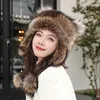 Chapeau en vraie fourrure de raton laveur marron naturel pour femmes, chapeau russe de trappeur et de chasseur, bonnet d'oreille de chat chaud d'hiver