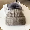 Gorro cálido de piel de visón auténtica para mujer, gorro elástico de punto, gorro de esquí para nieve, orejeras