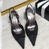 Beaded High Heels Shoes Pointed Toes Women's Silk Satin Slingbacks Pumps Sandals