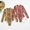 Maillot de bain une pièce à manches longues, imprimé zèbre, col à brins, body avec coussinet, pour femmes, vêtements de plage, d'été