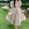 Sukienki swobodne Summer Sweet Rainbow Princess Sukienka Koreańska elegancka kwadratowa kołnierz rękawa midi żeńska elegancka gaza gazy 293J