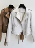 Women's Leather Faux Leather Ftlzz Spring Autumn Women Faux Leather Jacket Slim Streetwear Khaki Leather Coat Biker Moto Jacket with Belt Female Outerwear 231030