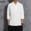 Été bleu blanc noir Kimono coton lin chemise hommes Style chinois rétro col en v lin Blouse mince Vintage t-shirt 1022339K