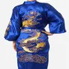 Traditionell broderi drake kimono yukata badklänning marinblå kinesiska män silk satin mantel casual man hem slitage nattklänning221n