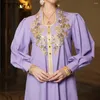 Ubranie etniczne 2023 Luxury Jalabiya muzułmańskie kobiety Dubai Abaya Maroko Caftan Purple koronkowy ręcznie robiony szyte diamentowy Turkey Dress Islam szata