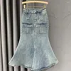 Skirts Denim Skirt Women High Waist Long A-LINE Office Lady Front Spilt Split Fishtail Blue Jean For